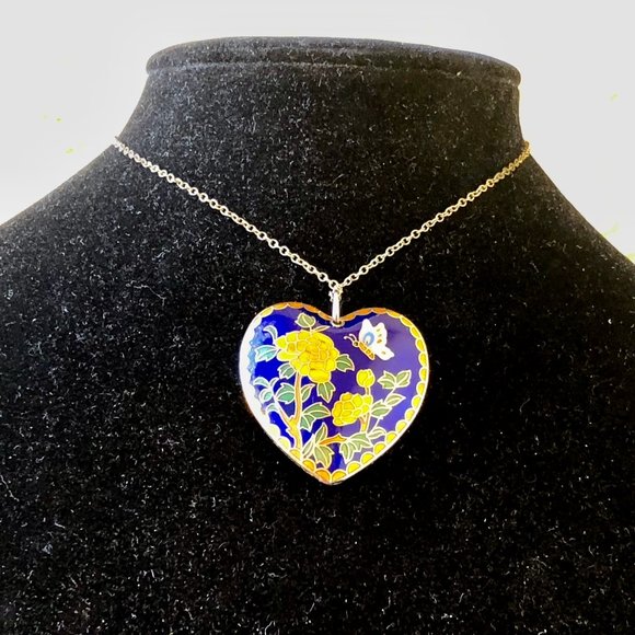 Vintage Cloisonne Large Heart Puffy Double Sided Enamel Pendant Necklace Red Blu - Picture 2 of 16
